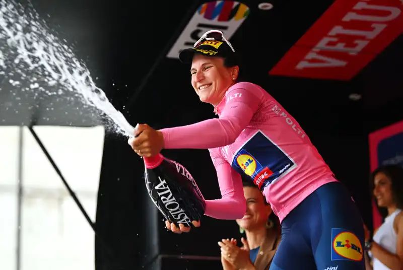 Longo Borghini enjoying Maria Rosa at the Giro d'Italia Women's