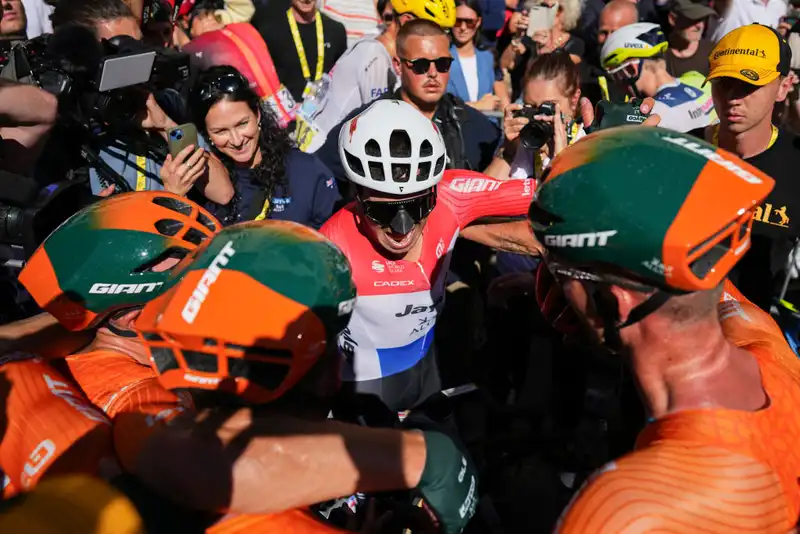 Batman won today!" - Jaiko Aiuia celebrates Dylan Groenewegen's Tour de France win with an aero "beak"