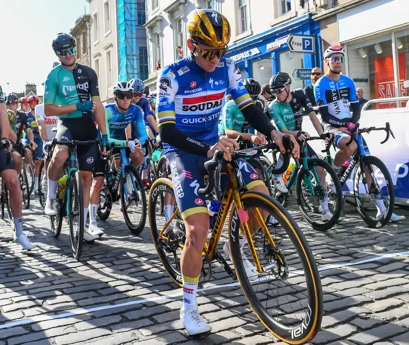 Remco Evenpole shows off his Olympic decorations at the Tour of Britain.